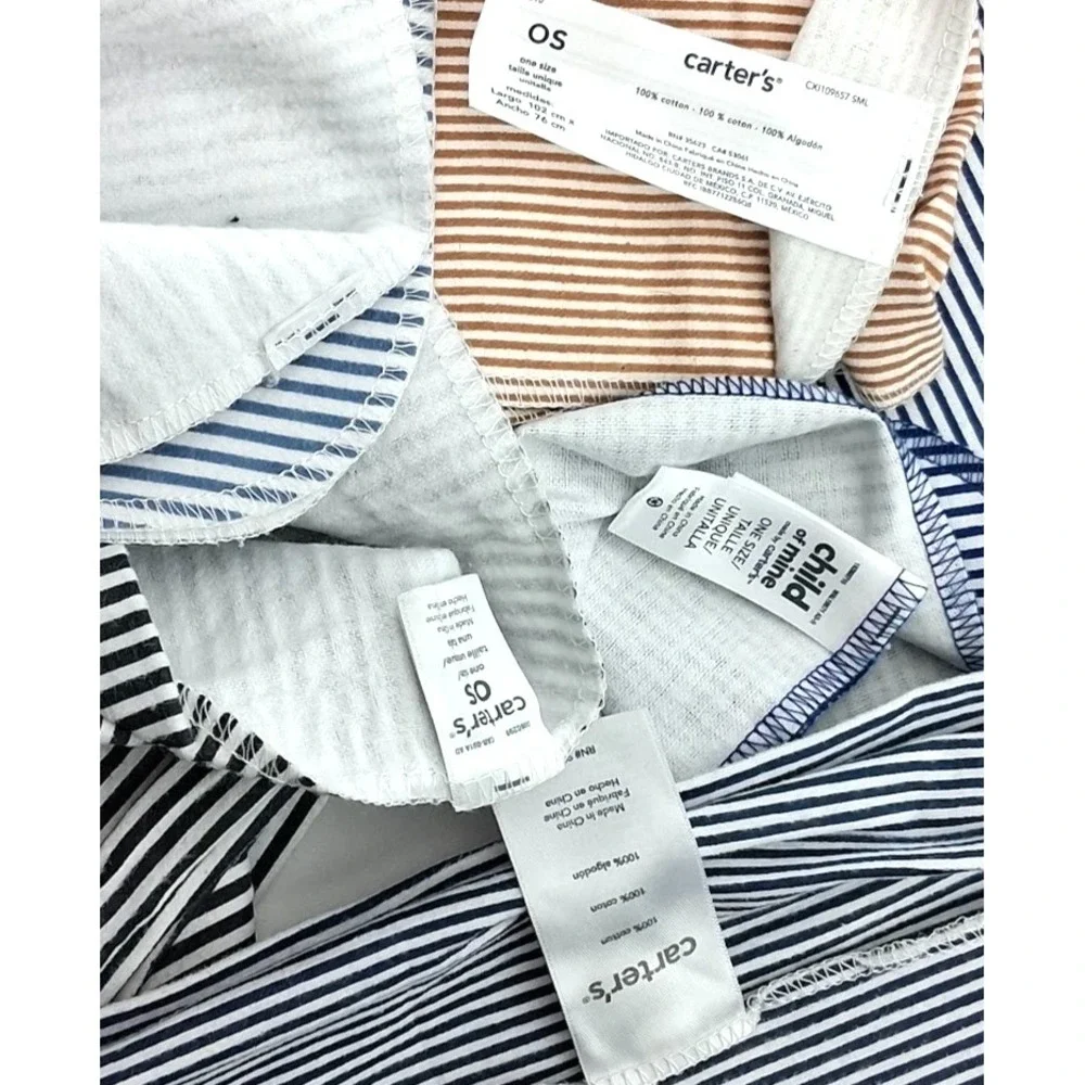 5pc Carter's Blue Brown Black White Stripe Baby Receiving Blanket Lot Flannel